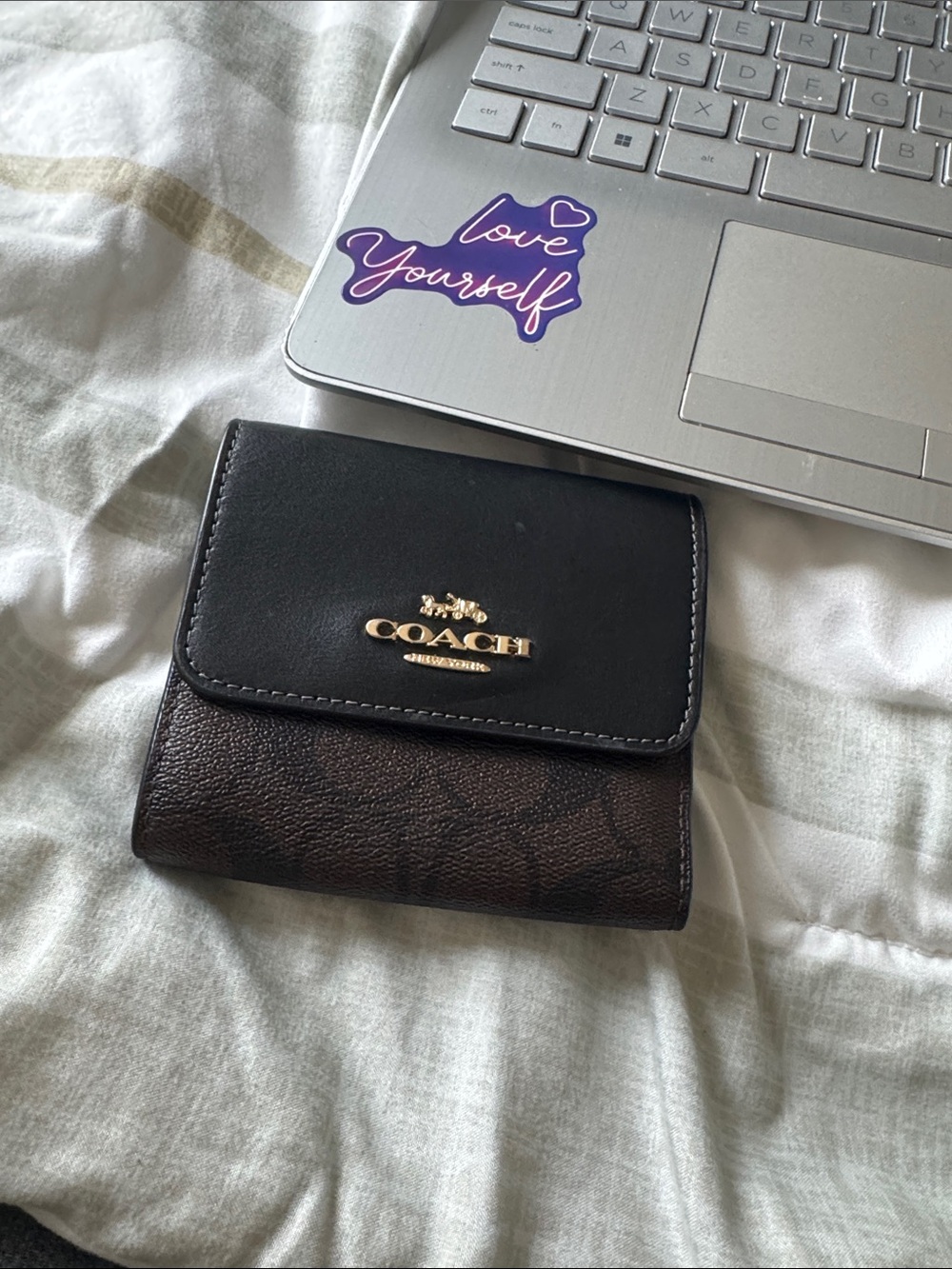 Coach Compact Trifold Wallet in Black and Brown